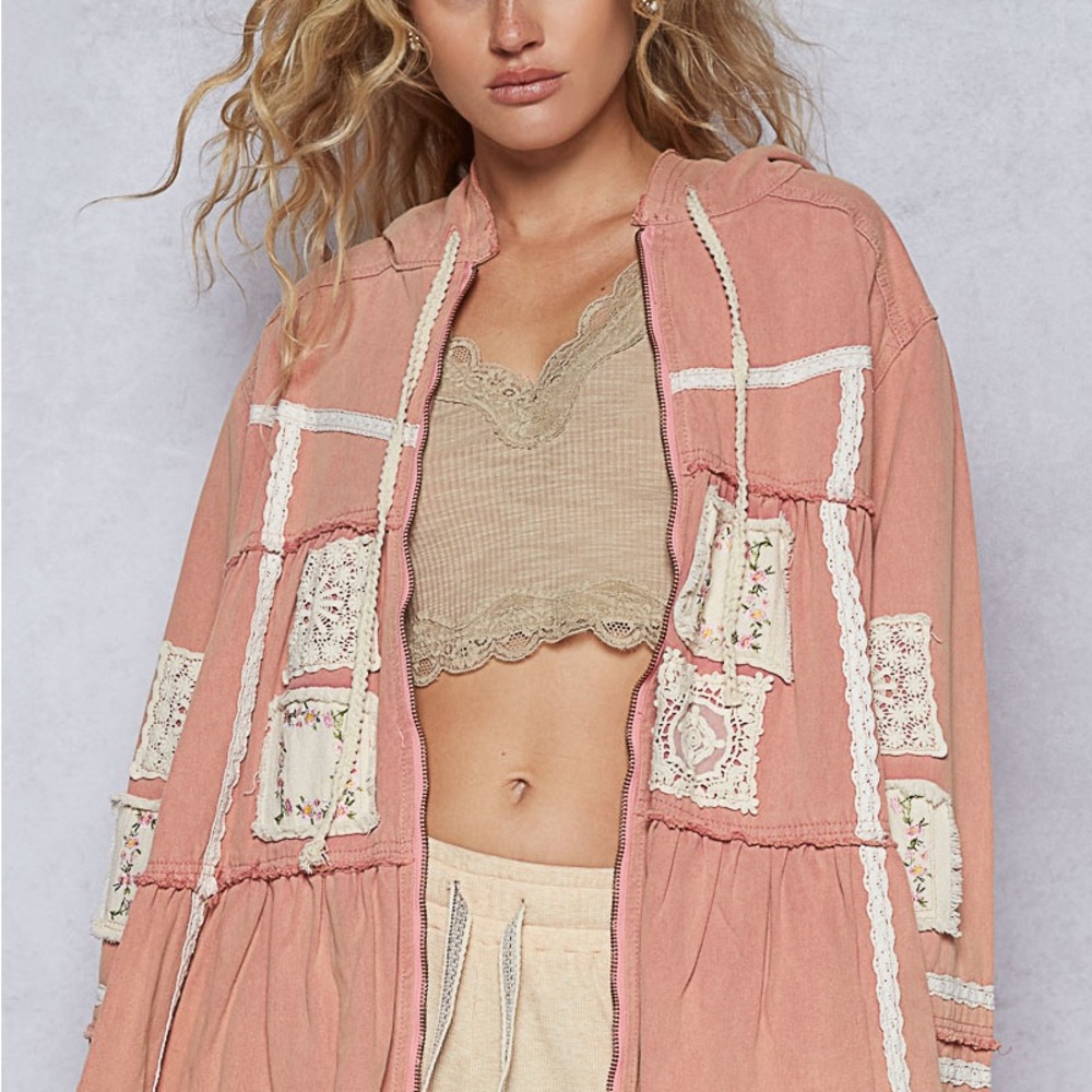 POL Pink Patchwork Lace Detail Hooded Jacket